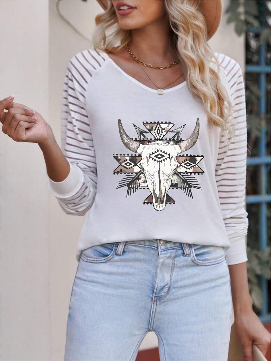 Cattle & Geo Print Raglan Sleeve Tee