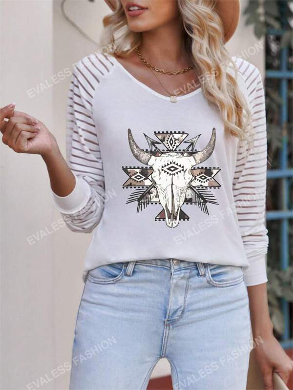 T-shirt Bovins & Imprimé Géométrique Manches Raglan