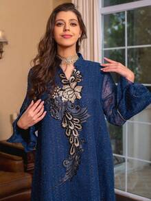 SISKAKIA Váy dài dự tiệc ngày lễ Abaya cho phụ nữ Hồi giáo cổ đứng khoét kim sa tay áo cánh hoa có thắt lưng - Màu xanh hải quân - Xem 6