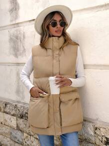 SHEIN Cottnline Flap Pocket Puffer Vest Coat - Apricot - View 4