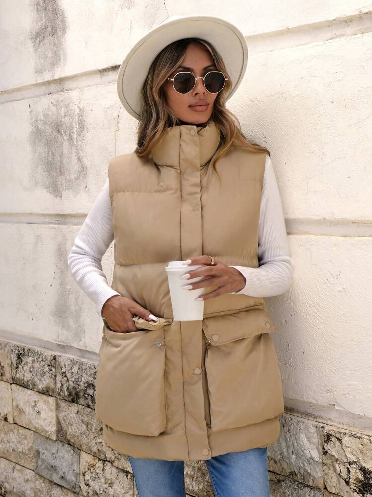 SHEIN Cottnline Flap Pocket Puffer Vest Coat - Apricot - View 4