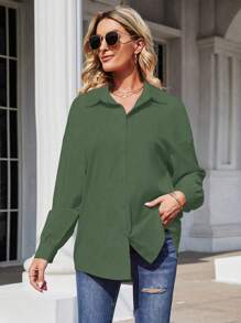 SHEIN Clasi Camisa unicolor de hombros caídos con botón delantero - Verde Oliva - Ver 4