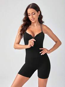 Easithlete Crisscross Backless Sports Romper - Black - View 1