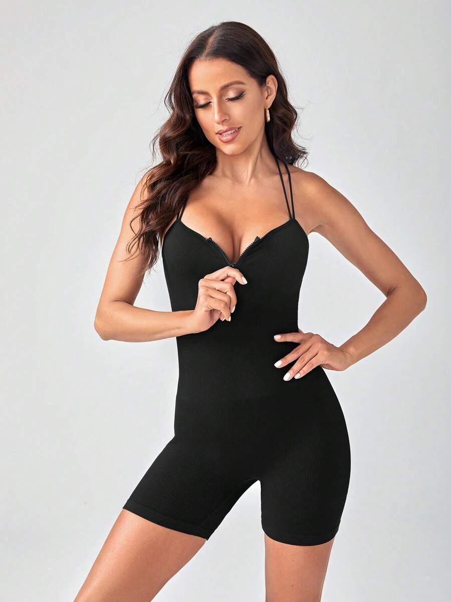Easithlete Crisscross Backless Sports Romper - Black - View 1