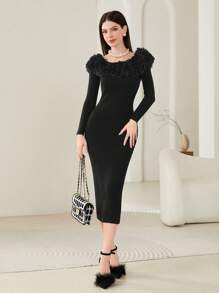 Modelyn Fuzzy Trim Bodycon Sweater Dress - Black - View 6