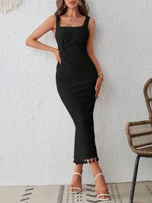 SHEIN VCAY Twist Front Split Thigh Fringe Hem Tank Dress - Black - View 4