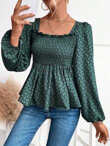 SHEIN VCAY Square Neck Lantern Sleeve Peplum Blouse - Dark Green - View 5