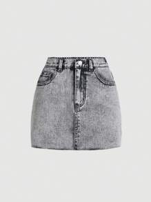 SHEIN Teen Girl Slant Pocket Denim Skirt - Light Grey - View 1