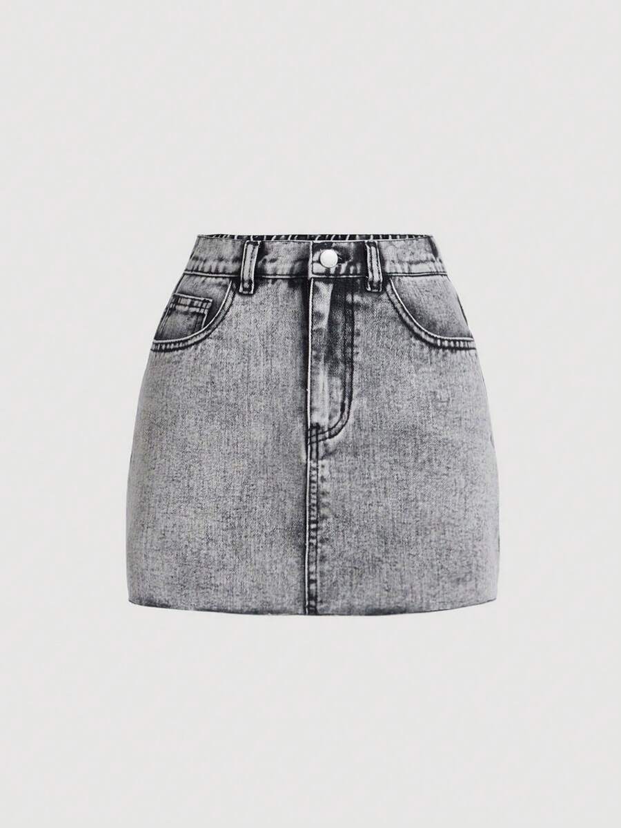 SHEIN Teen Girl Slant Pocket Denim Skirt - Light Grey - View 1