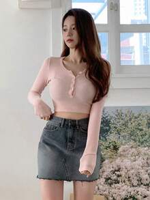 DAZY 純色鈕扣前短版t恤 - 藕粉色 - 查看 7