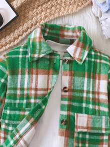 SHEIN Young Girl Plaid Print Flap Pocket Overcoat for Christmas - Green - View 5