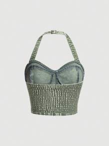 SHEIN MOD Buckle Belted Halter Denim Top - Green - View 2