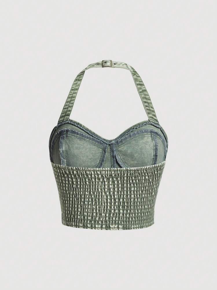 Buckle Belted Halter Denim Top