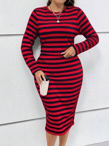 SHEIN Essnce Plus Striped Print Tee & Skirt - Red - View 6