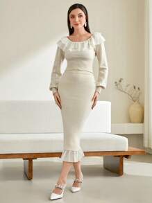 Modelyn 女款荷葉邊針織毛衣和針織裙套裝 - 杏色 - 查看 1