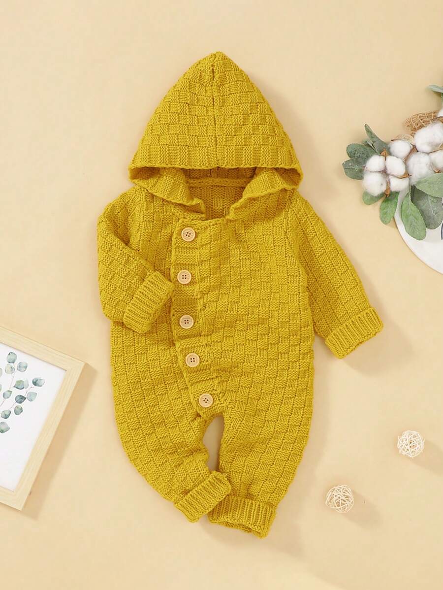 Đứa bé gái Nút phía trước áo có mũ Đan Áo liền quần - Màu Mù tạt vàng - Xem 1