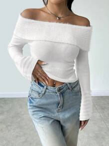 SHEIN Unity Gấp lại Off Shoulder Đồ đan Ribbed Áo len - trắng - Xem 4