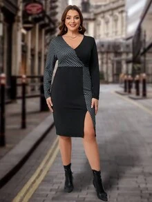 SHEIN Clasi Hơn In vết tròn Polka Tách đùi Đầm - Đen và trắng - Xem 5