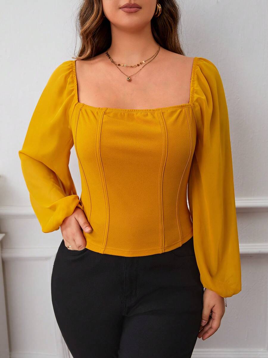 SHEIN Privé Plus Square Neck Lantern Sleeve Top - Yellow - View 1