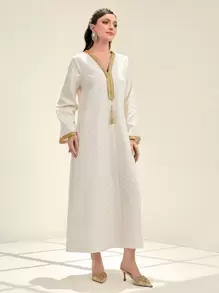 Al Najma Contrast Trim Tassel Detail Dress, Modest - Apricot - View 4