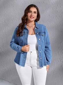 EMERY ROSE Hơn Túi có nắp Cắt Thô Áo khoác denim - Rửa trung bình - Xem 5