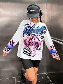 SHEIN Coolane Camiseta de hombros caídos con estampado de figura y letra - Blanco - Ver 5