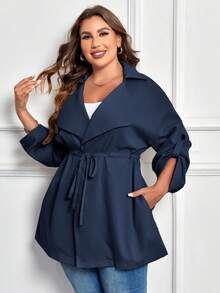 SHEIN Clasi Plus Roll Tab Sleeve Belted Coat - Navy Blue - View 6