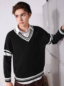 SHEIN Teenagers' Casual Loose Fit Striped Letter Printed Long Sleeve Sweater - Black and White - View 4