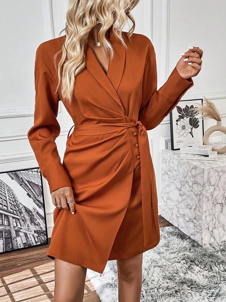 Shawl Collar Wrap Ruched Side Belted Coat Fall Cloth For Women