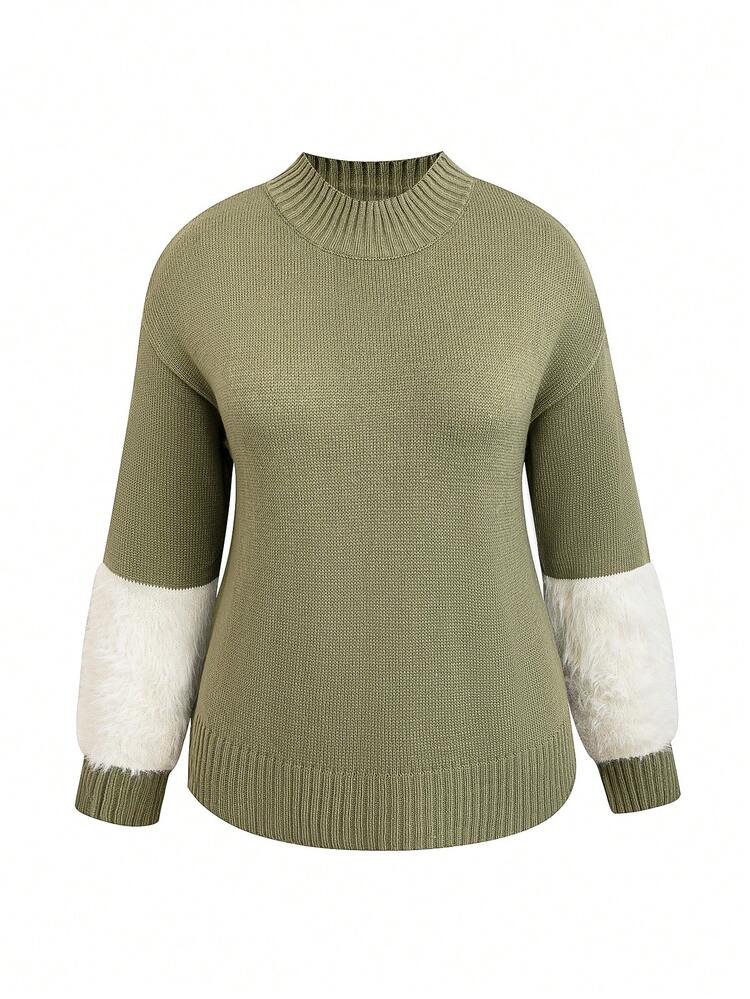 Plus Fuzzy Panel Drop Shoulder Sweater Knit Pullover Fall Winter Sweater