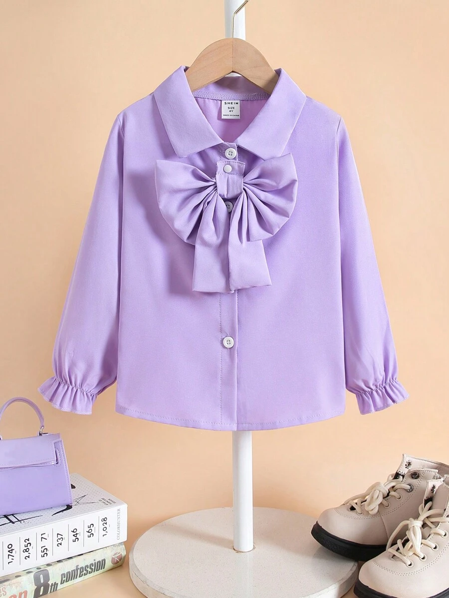 SHEIN 女小童前大蝴蝶結喇叭袖襯衫