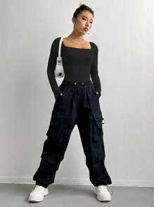 Xyvia Square Neck Raglan Sleeve Bodysuit Fall Cloth For Women - Black - View 3