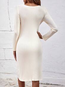 SHEIN Clasi 素色V領毛衣洋裝 - 米色 - 查看 2