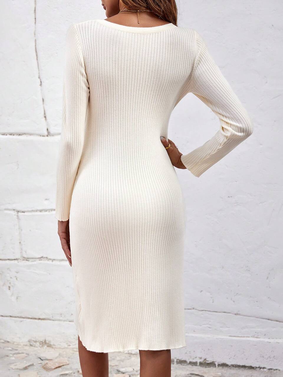 Solid V Neck Sweater Dress