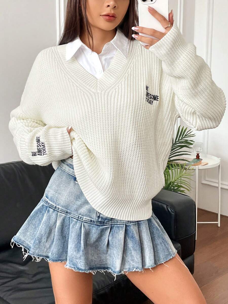 Flirla Letter Embroidery Drop Shoulder Sweater Without Blouse,Long Sleeve Tops Knit Pullover Fall Winter Outfit - Beige - View 1