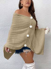 Celure 大碼小絨球細節不對稱下擺斗篷毛衣 - 卡其色 - 查看 1