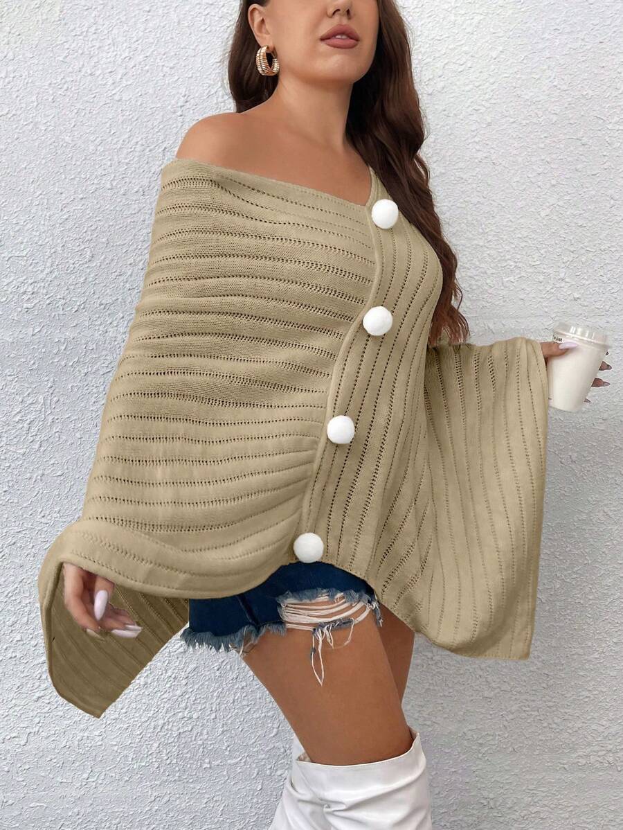 Celure 大碼小絨球細節不對稱下擺斗篷毛衣 - 卡其色 - 查看 1