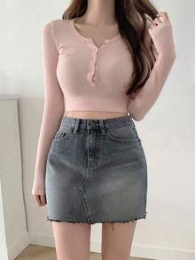 DAZY 純色鈕扣前短版t恤 - 藕粉色 - 查看 6