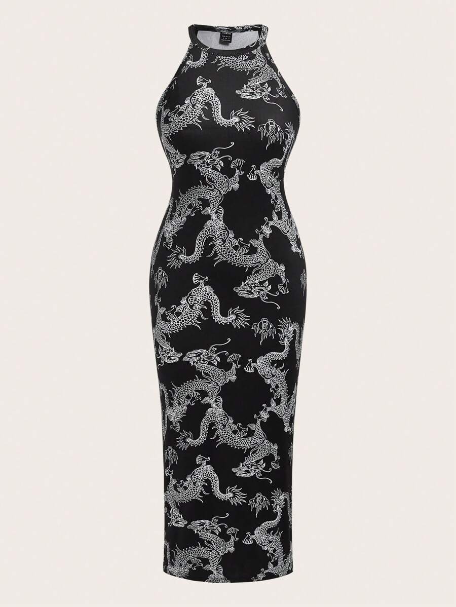 SHEIN ICON In Toàn bộ Halter Neck Váy bodycon - màu đen - Xem 1