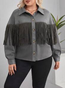 SHEIN LUNE Plus Fringe Trim Drop Shoulder Suedette Jacket - Grey - View 4