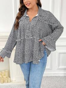 SHEIN Frenchy Hơn In Toàn bộ Cà vạt tay áo lá sen Lá sen tỉa Áo sơ mi - Đen và trắng - Xem 5