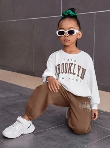 SHEIN 女小童字母圖案落肩袖衛衣和衛褲 - 棕色 - 查看 3