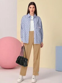 Mulvari 貼布細節彈性腰帶長褲 - 卡其色 - 查看 3