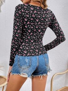 SHEIN VCAY In hoa Ditsy Cổ Trái tim Áo thun - Màu be - Xem 3