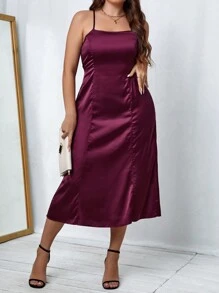 SHEIN Belle Vestido de camiseta de satén color rojo borgoña sólido - Burdeos - Ver 3