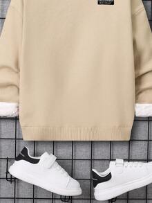 SHEIN Tween Boy Letter Patched Contrast Collar Drop Shoulder Sweater Without Shirt - Khaki - View 6