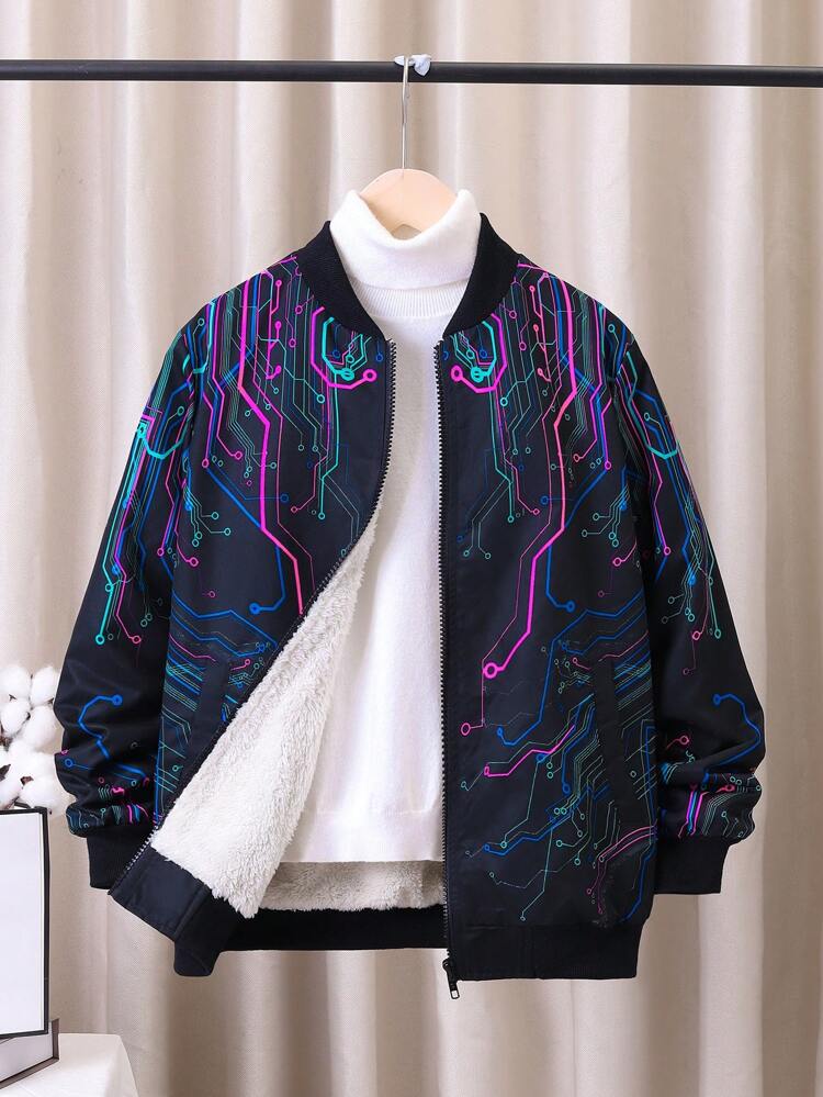 Tween Boy 1pc Graphic Print Teddy Lined Zipper Bomber Jacket