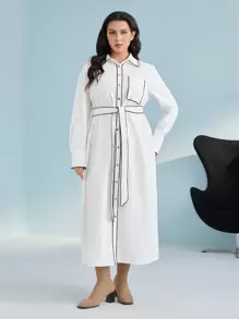Seusyu Plus Contrast Binding Belted Shirt Dress - White - View 1
