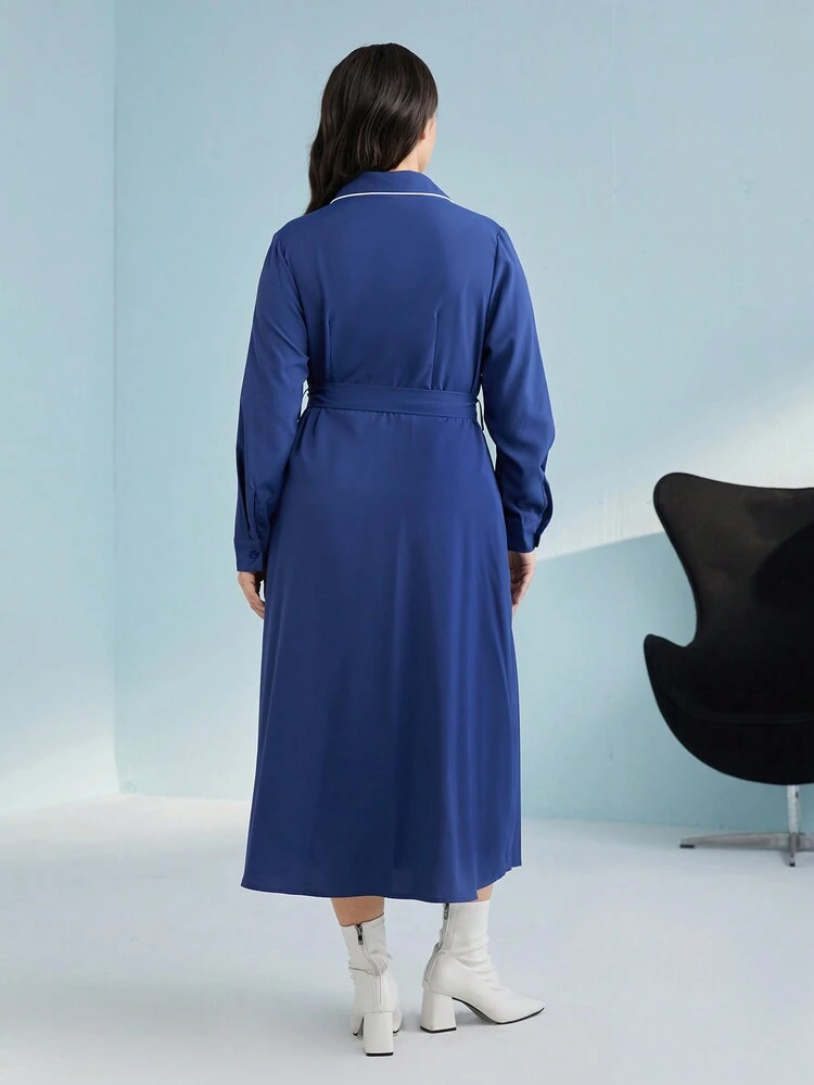 Plus Solid Belted Shirt Dress