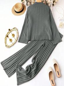 Calvaya Plus Mock Neck Drop Shoulder Sweater & Knit Pants Winter Fall Autumn - Dark Grey - View 2